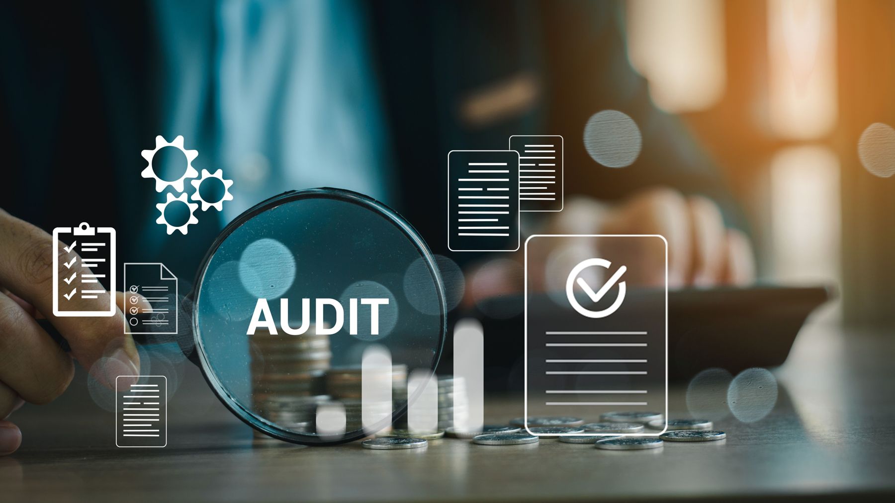 Lupa con la palabra Audit sobre monedas e íconos de documentos